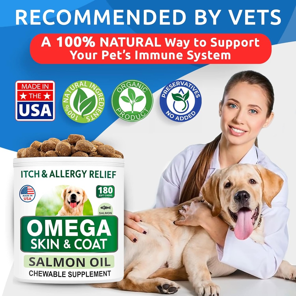 BARK&SPARK Omega 3 for Dogs - 180 Fish Oil Treats for Dog Shedding, Skin Allergy, Itch Relief, Hot Spots Treatment - Joint Health - Skin and Coat Supplement - EPA & DHA Fatty Acids - Salmon Oil 6