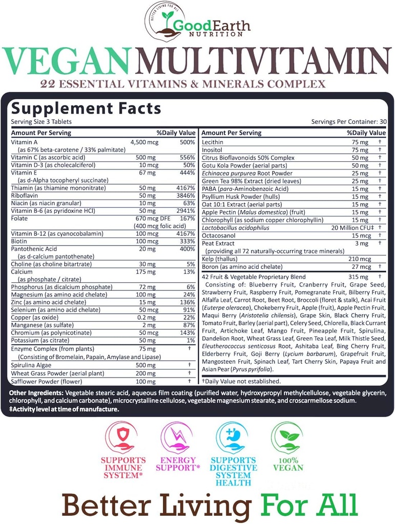 Vegan Multivitamins for Men & Women - Vitamins A , B Complex , C , D3 , Zinc , Magnesium , Spirulina , Antioxidants - Daily Multivitamin Mineral Supplement with Proprietary Fruit & Vegetable Blend 3