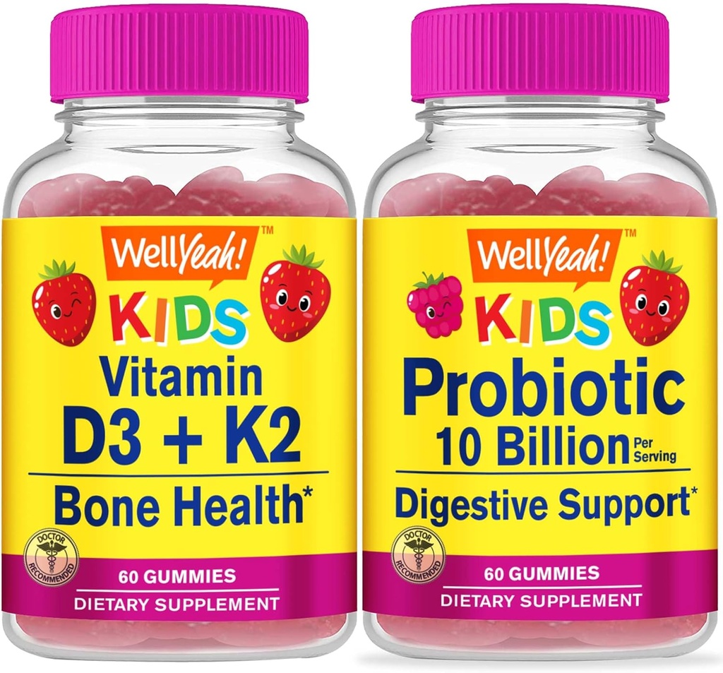 WellYeah Vitamin D3+K2 Kids + Probiotics 2B Kids, Gummies Bundle - Great Tasting, Vitamin Supplement, Gluten Free, GMO Free, Chewable Gummy 2