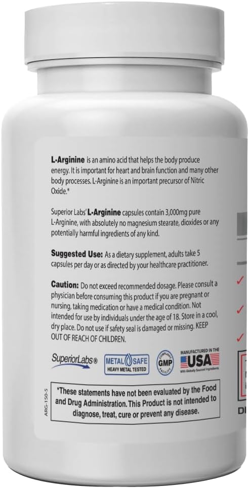 Superior Labs L-Arginine 3000mg, Pure Non-GMO, High-Potency Amino Acid, Nitric Oxide & Vasodilation Booster for Blood Flow, Supports Energy and Endurance, Muscle Pump & Heart Health, 150 Veg Caps 3