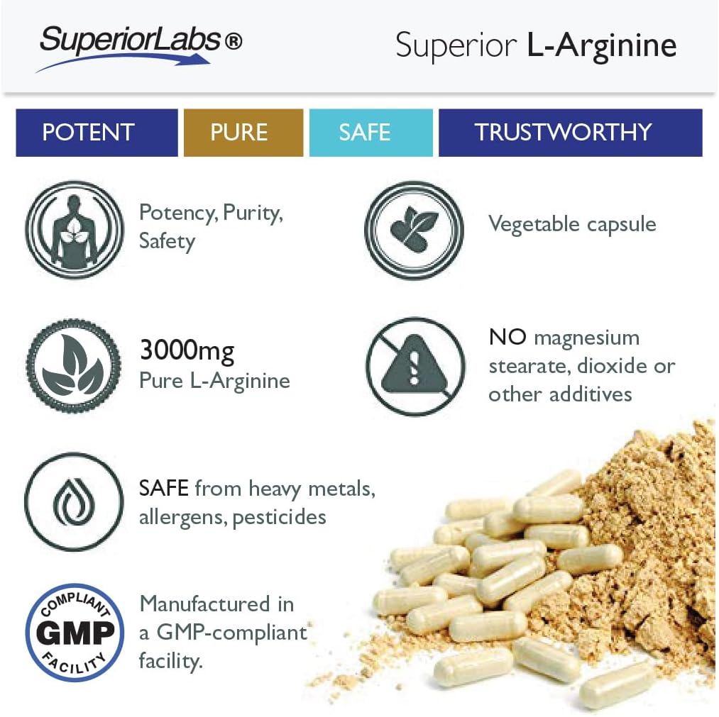 Superior Labs L-Arginine 3000mg, Pure Non-GMO, High-Potency Amino Acid, Nitric Oxide & Vasodilation Booster for Blood Flow, Supports Energy and Endurance, Muscle Pump & Heart Health, 150 Veg Caps 5