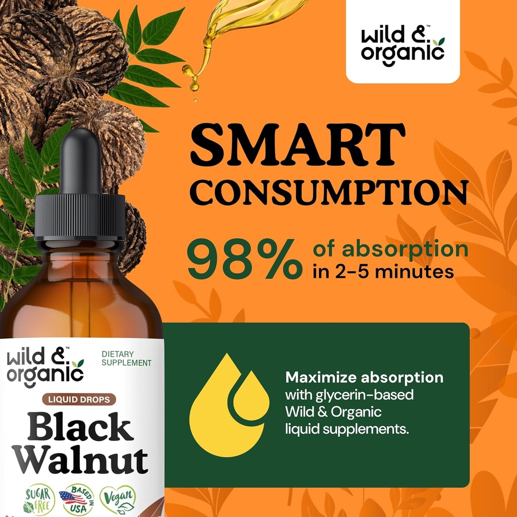 Wild & Organic Black Walnut Tincture - Detox Cleanse w/Black Walnut Hull Extract - Herbal Supplement for Gut Cleanse Detox and Digestive Well-Being - Vegan, Sugar & Alcohol-Free - 4 fl oz 5