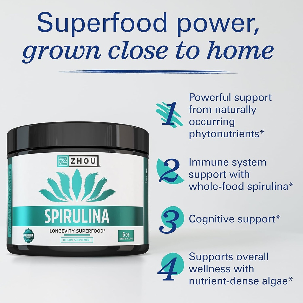 Zhou Spirulina Powder - Blue Green Spirulina Superfood for Women & Men with Vegan Protein, Chlorophyll & Phycocyanin for Smooth Energy & Longevity, Drink Mix for Smoothies - 6 oz Jar (48 Servings) 4