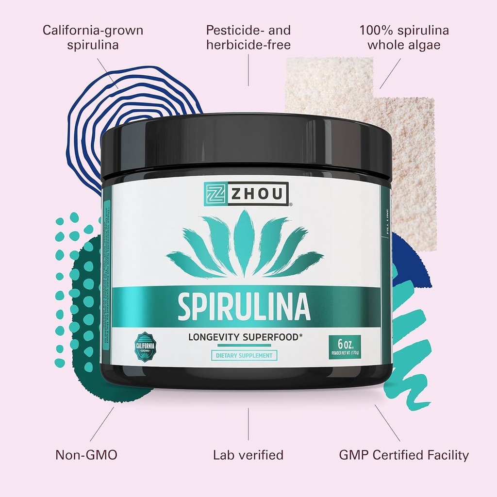 Zhou Spirulina Powder - Blue Green Spirulina Superfood for Women & Men with Vegan Protein, Chlorophyll & Phycocyanin for Smooth Energy & Longevity, Drink Mix for Smoothies - 6 oz Jar (48 Servings) 5