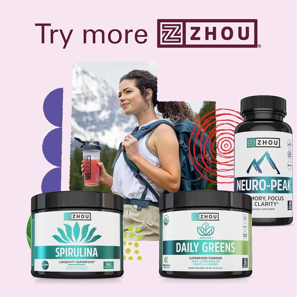 Zhou Spirulina Powder - Blue Green Spirulina Superfood for Women & Men with Vegan Protein, Chlorophyll & Phycocyanin for Smooth Energy & Longevity, Drink Mix for Smoothies - 6 oz Jar (48 Servings) 6