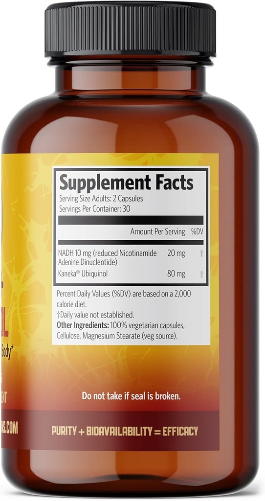 Pure Lab Vitamins NADH 10mg with Ubiquinol 40 mg - 60 Vegi Caps Bioactive VIT B3 and CoQ10 for Brain and Body Energy. Made in Canada 4