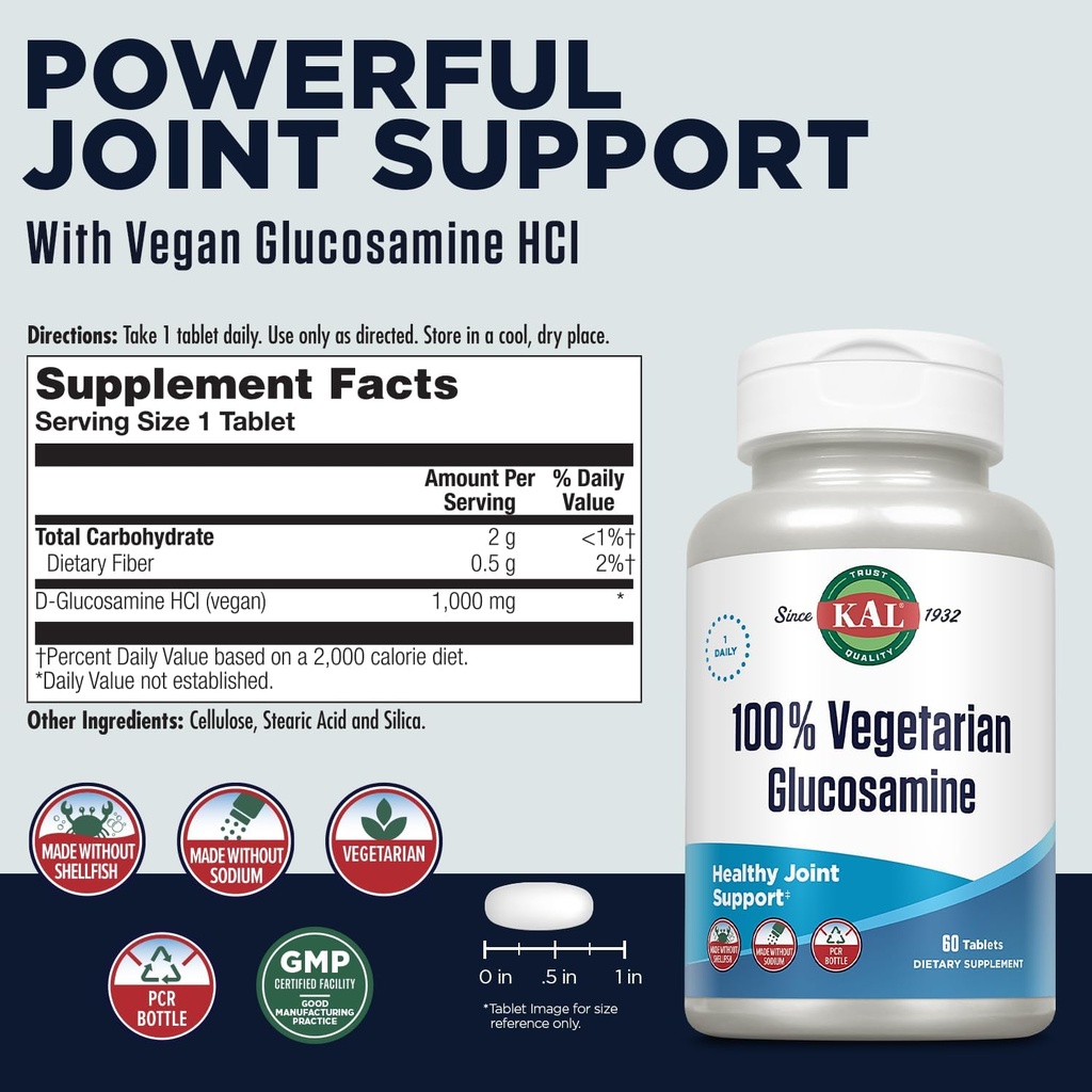 KAL 100% Vegetarian Glucosamine 1000 mg, Joint Health Supplement with Vegan Glucosamine HCl, Joint Support for Comfort and Mobility, Made Without Shellfish, 60-Day Guarantee, 60 Servings, 60 Tablets 4