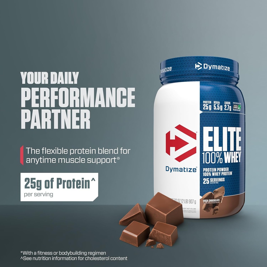 Dymatize Elite 100% Whey Protein Powder, Chocolate, 25g of Protein, 5.5g BCAAs, Less Than 140 Cal., Gluten Free, 3g Carb, 2g Sugar, 3g Fat (25 Servings) 3