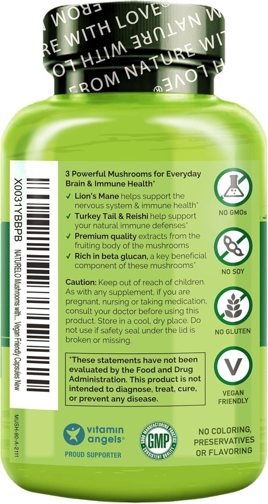 NATURELO Mushroom Supplement – Brain & Immune Health Blend with Lion’s Mane, Reishi, Turkey Tail – 90 Vegan Friendly Capsules (Pack of 2) 3