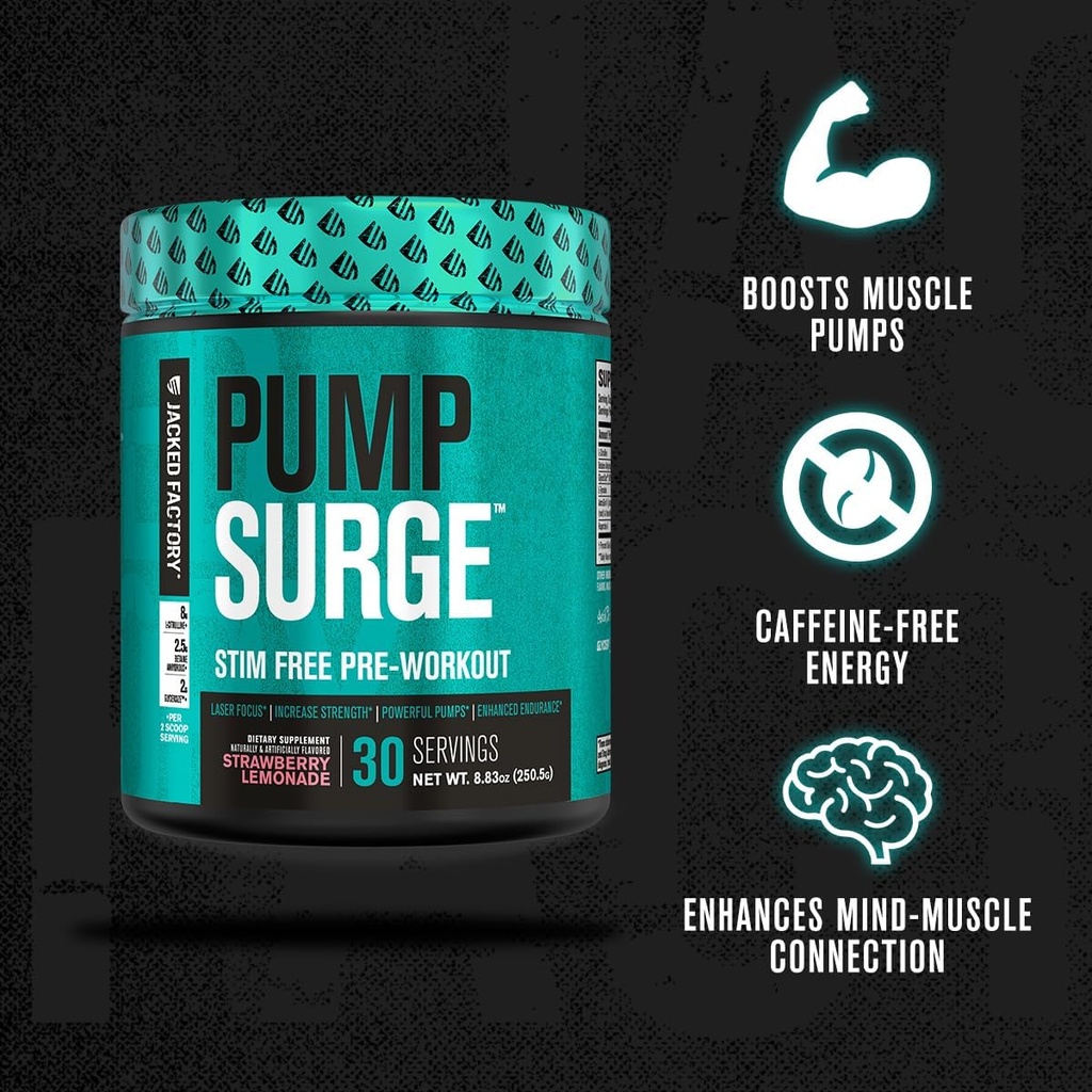 Jacked Factory Pumpsurge Caffeine Free Pre Workout for Men & Women - Nootropic Booster & Stim Free Pre Workout - Intense Pumps, Enhanced Focus - 30 Servings, Cherry Limeade 3