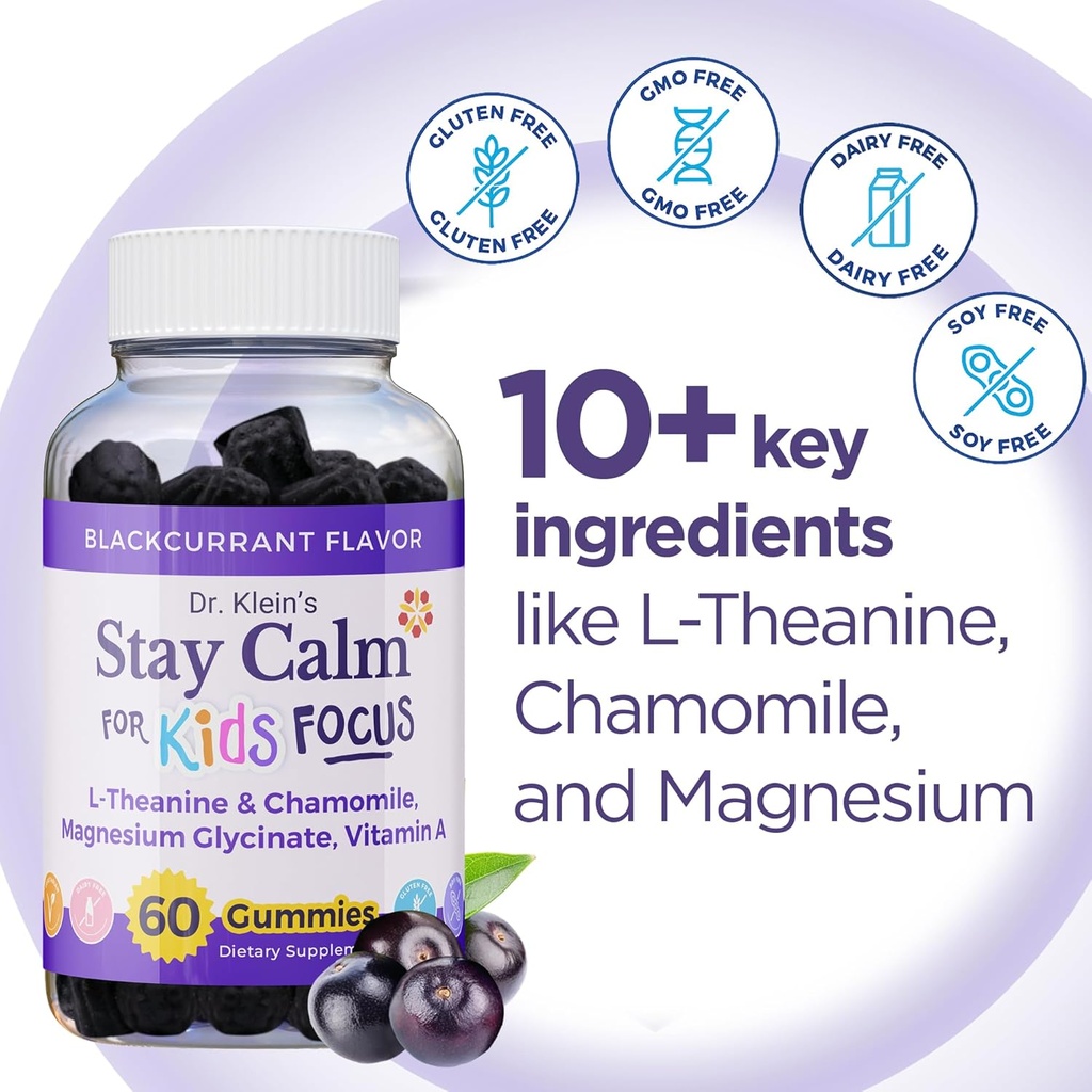 Dr. Klein's Stay Calm Kids Gummies – Magnesium Glycinate + Vitamin A, L-Theanine, Chamomile Extract – Promote Focus & Calm for Ages 5+ – Magnesium Gummies for Kids–Black Currant, Zero Sugar, 60 Count 3