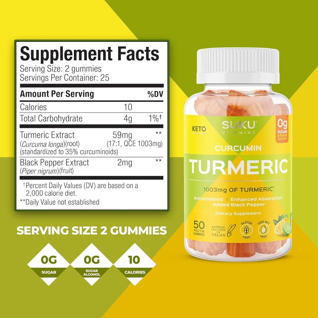 SUKU Turmeric Curcumin Sugar Free Gummies with 1003mg of Turmeric - Black Pepper Protects Liver, Improves Digestion, Inflammation Response & Joint Health – Lemon Lime Flavour (50 Gummies) 5