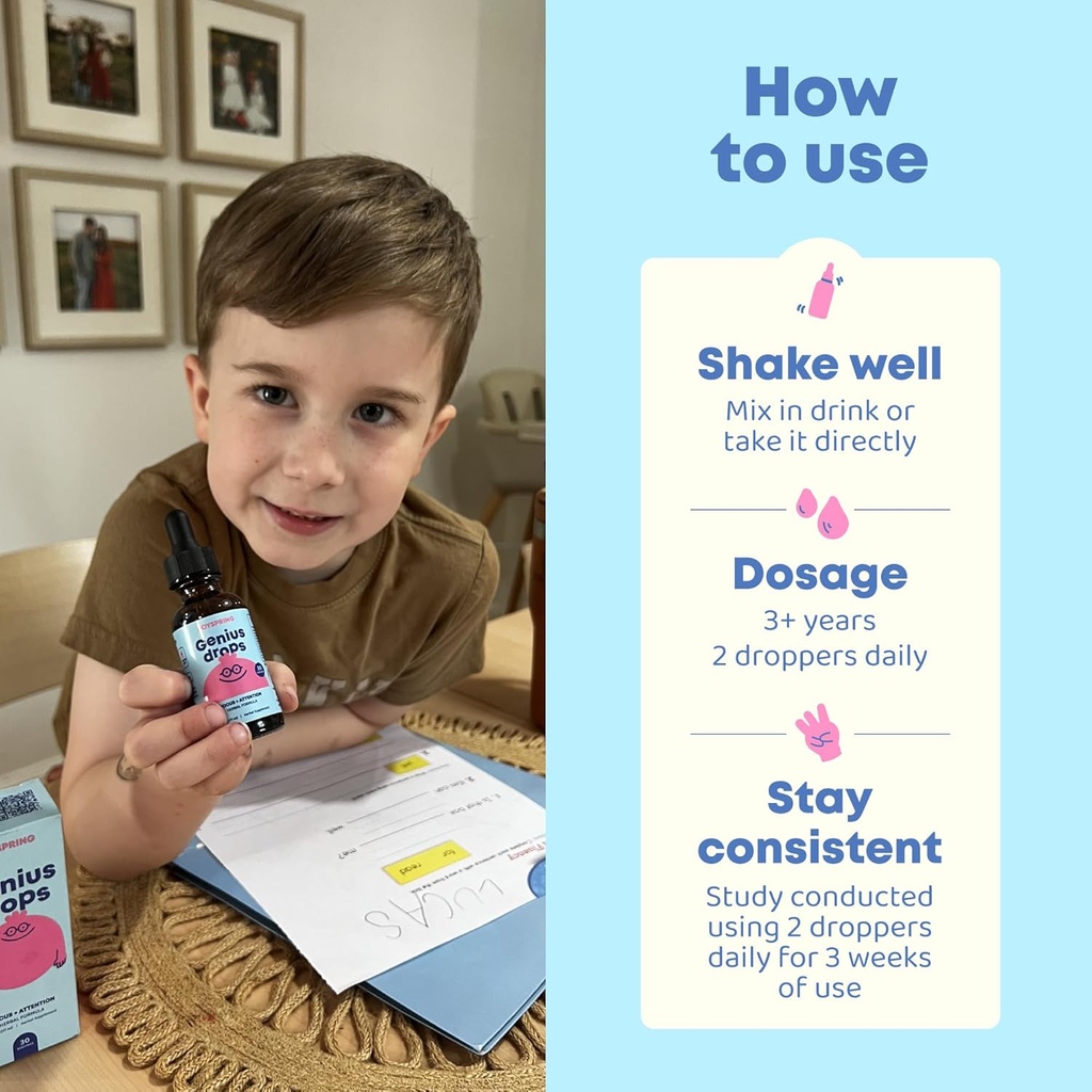 JoySpring Genius Drops - Organic Focus Drops for Kids | Clinically Proven Focus Supplement Helps Kids Perform Better in School | Liquid Herbal Supplement with Ginkgo Biloba (4 fl oz) 120 Servings 6