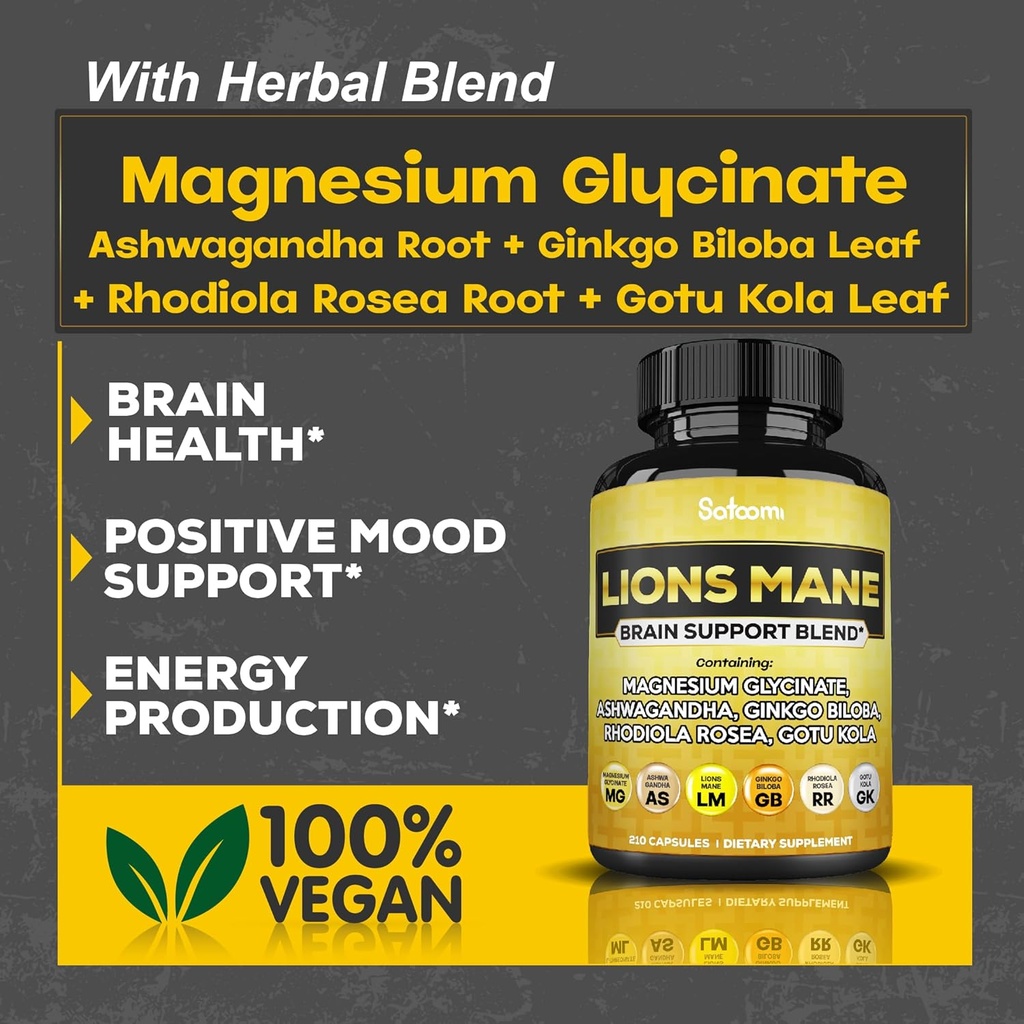 Lions Mane Supplement Capsules with Magnesium with Ashwagandha Root, Ginkgo Biloba, Rhodiola Rosea and Gotu Kola - 210 Vegan Capsules - Support Brain Health, Positive Mood & Energy Production 4