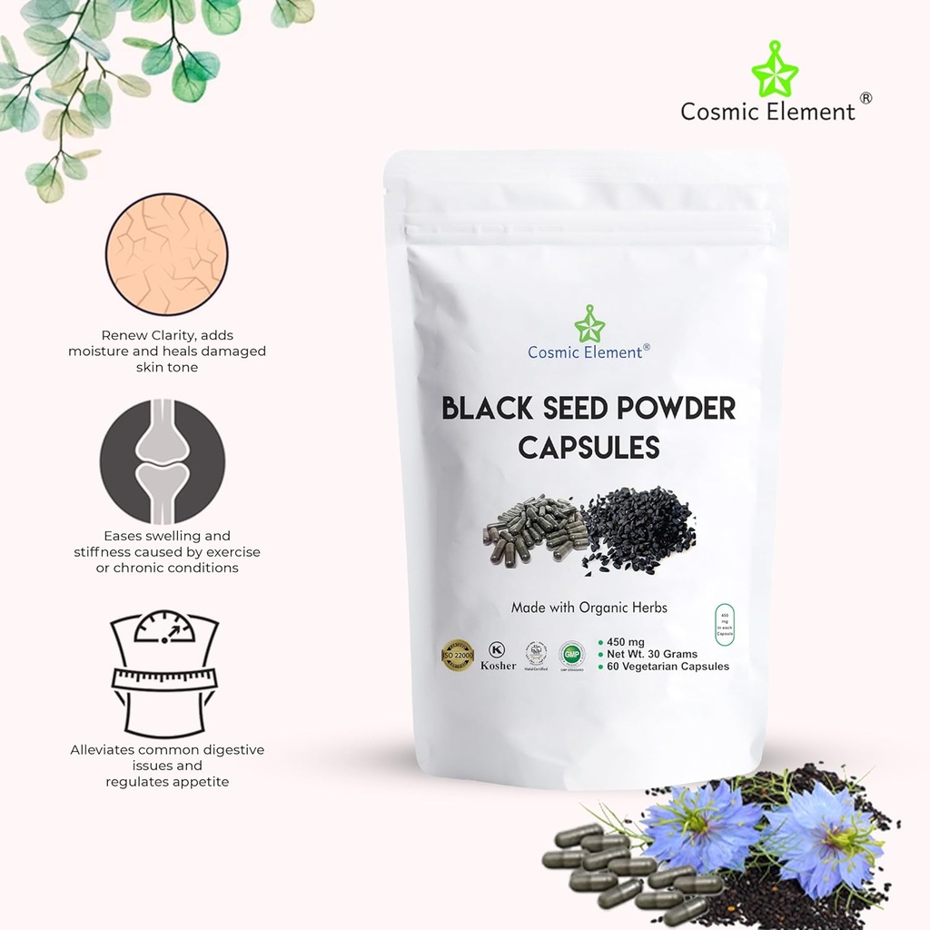 Cosmic Element 100% Pure Black Seed Powder Capsules Organic - Vegan Nigella Sativa 450mg Black Cumin Seeds per Serving- for Health - 60 Capsules 5