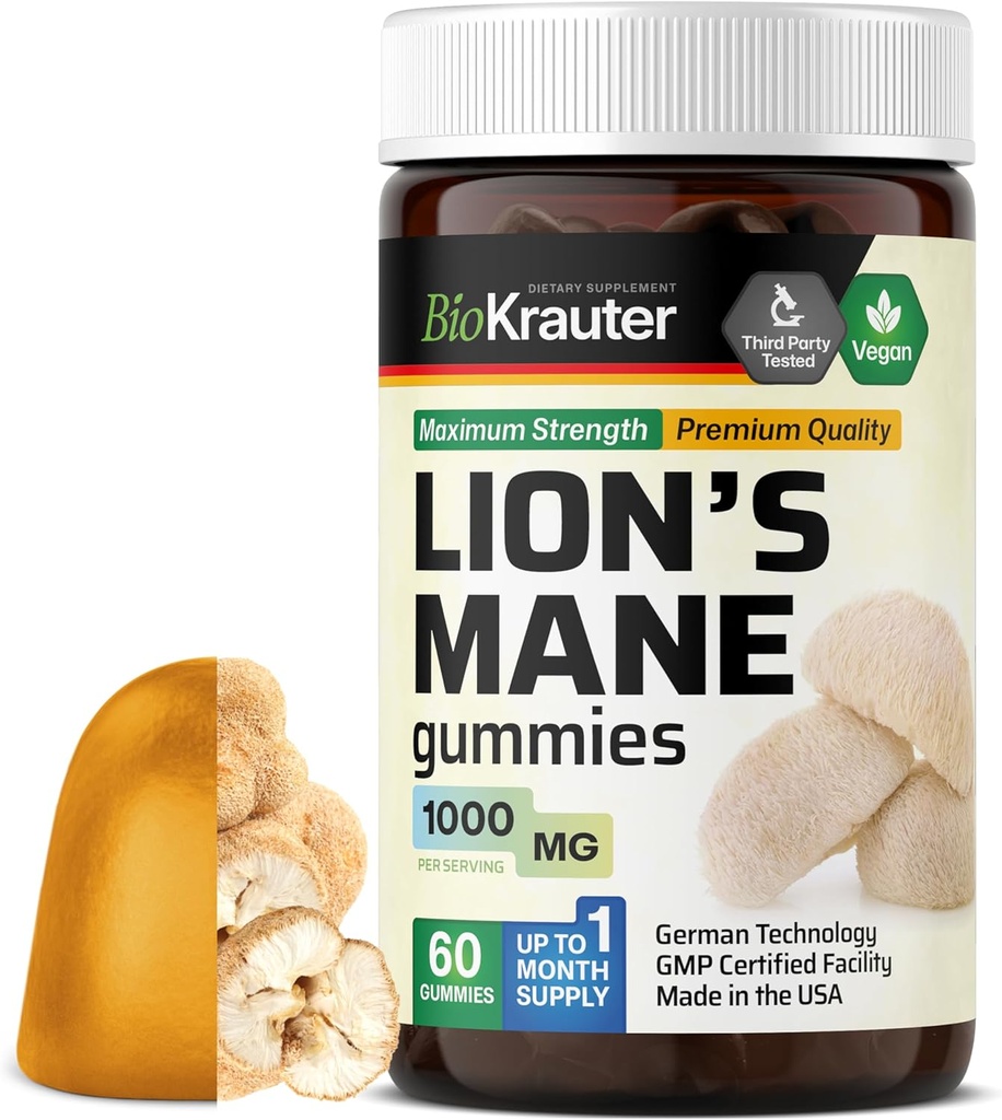 BIO KRAUTER Lions Mane Gummies for Adults - 1000 mg Strength - 60 Vegan Mushroom Supplement Chews - Lions Mane Supplement for Brain - Gelatine-Free 2