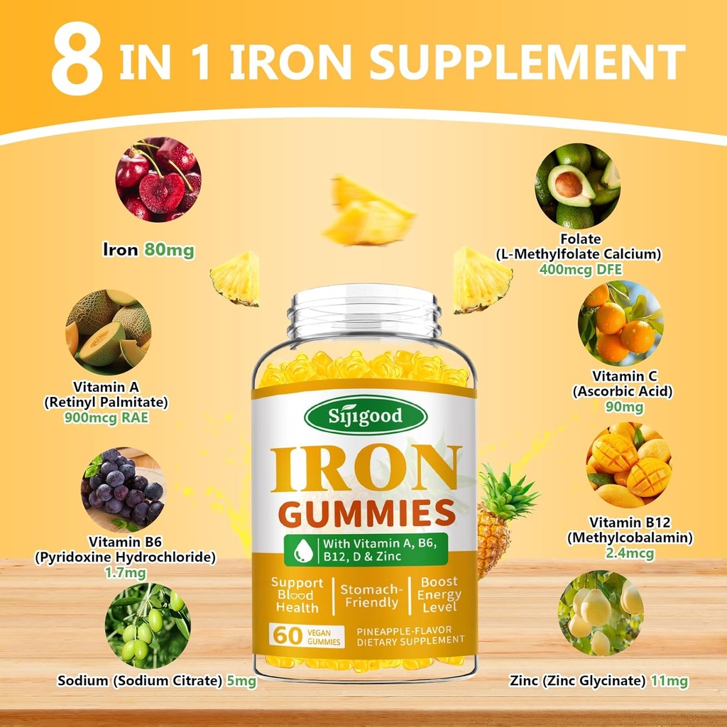 2 Pack Iron Gummies for Women & Men - Vegan Iron Supplement for Anemia & Iron Deficiency, with Vitamin B12, Vitamin C, Zinc, Folate - Energy Boost, Sugar-Free, Pineapple Flavor, 120 Count 5