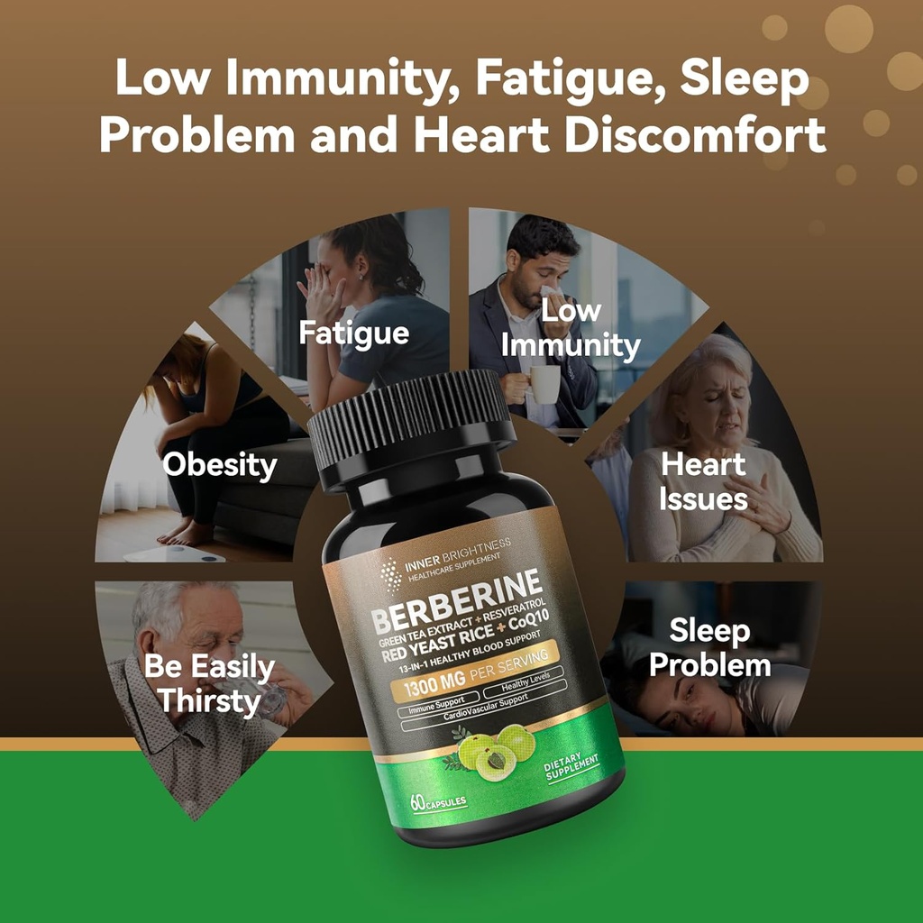 Berberine 1300mg with Green Tea Extract, Resveratrol, Red Yeast Rice & CoQ10 – 13-in-1 Immune Health, Natural Metabolic Support – 60 Capsules – Non-GMO, Lab Tested 4