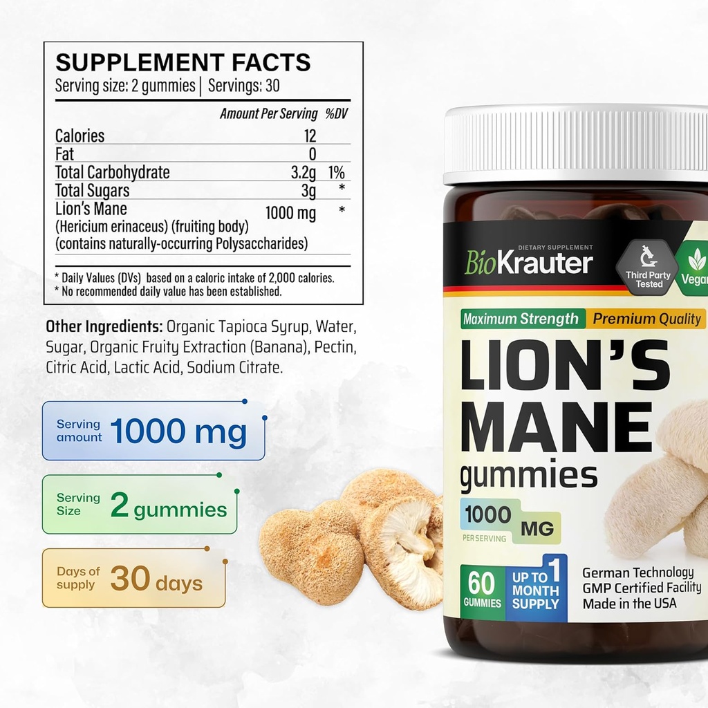 BIO KRAUTER Lions Mane Gummies for Adults - 1000 mg Strength - 60 Vegan Mushroom Supplement Chews - Lions Mane Supplement for Brain - Gelatine-Free 4
