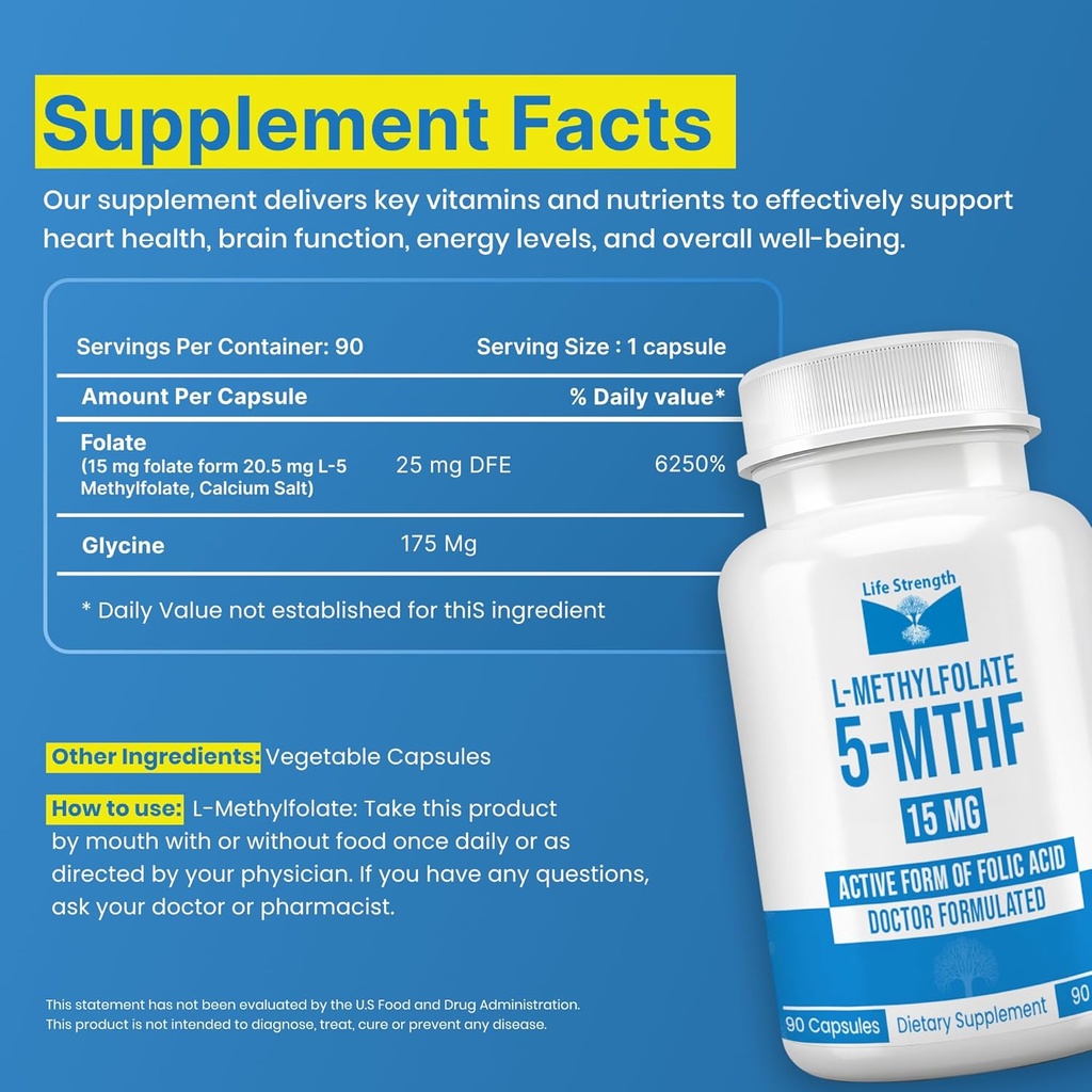 L-Methylfolate 15 MG, Optimized & Highly Bioactive Methyl Folate, 5-MTHF Supplement for Mood and Immune Support, Natural Diet Supplement for Energy, Non-GMO & Gluten-Free, 90 Capsules 3