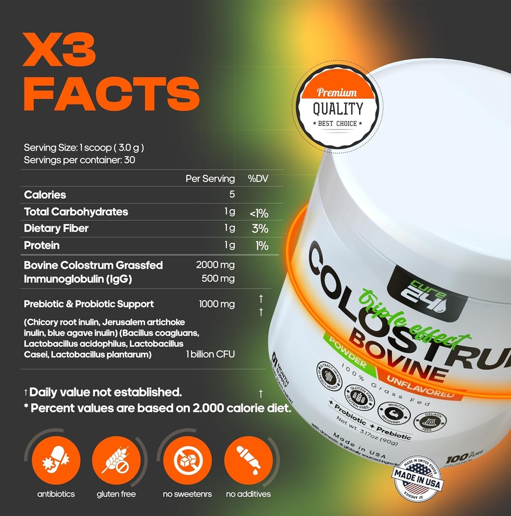 Bovine Colostrum X3 Supplement Powder for Humans, 100% Pure Whole Natural Grass Fed Superfood, High IgG, Plus Probiotic & Prebiotic, Unflavored, Made in USA 3