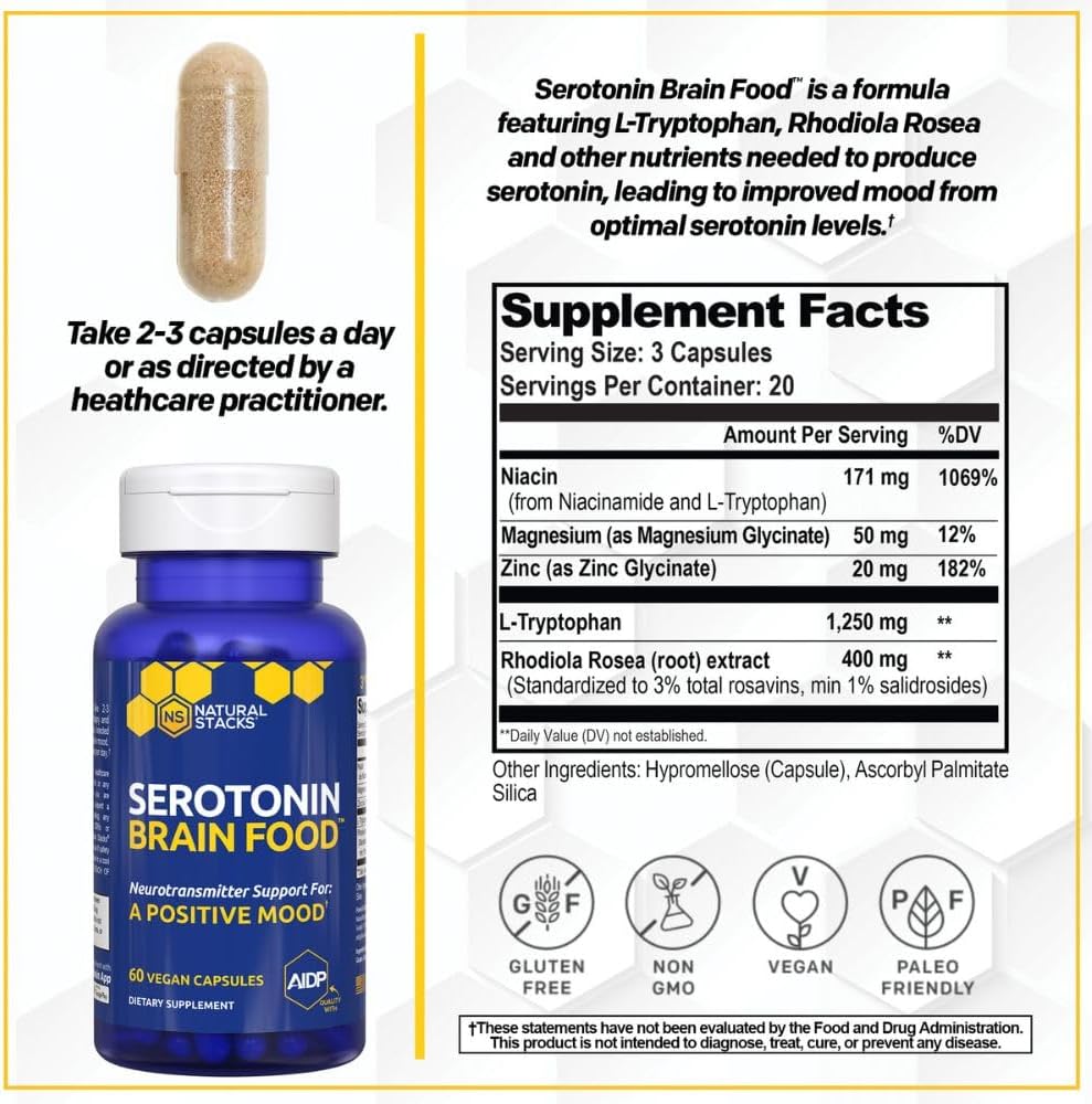 Serotonin Brain Food - 1250mg L-Tryptophan & 400mg Rhodiola Rosea Supplement - Mood Support Supplement for Stress Relief - Neurotransmitter Support with Magnesium Glycinate & Zinc - 120 Capsules 4