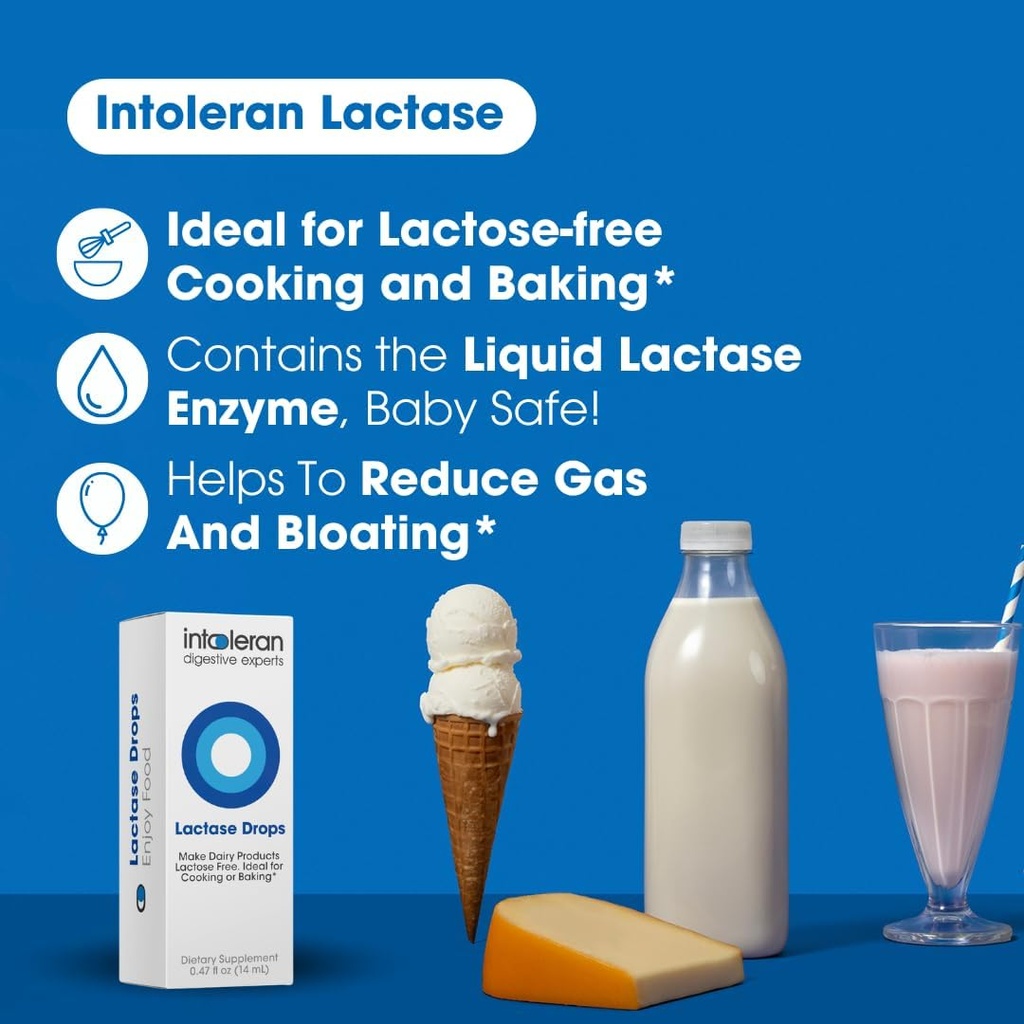 Intoleran Lactase Digestive Enzyme Drops - 0.47 FL Oz (14ml) | Liquid Lactase Enzyme for Lactose Intolerance | Makes Dairy Lactose-Free | Lactose-Free Cooking & Baking | Pure and Vegan | Low FODMAP 4