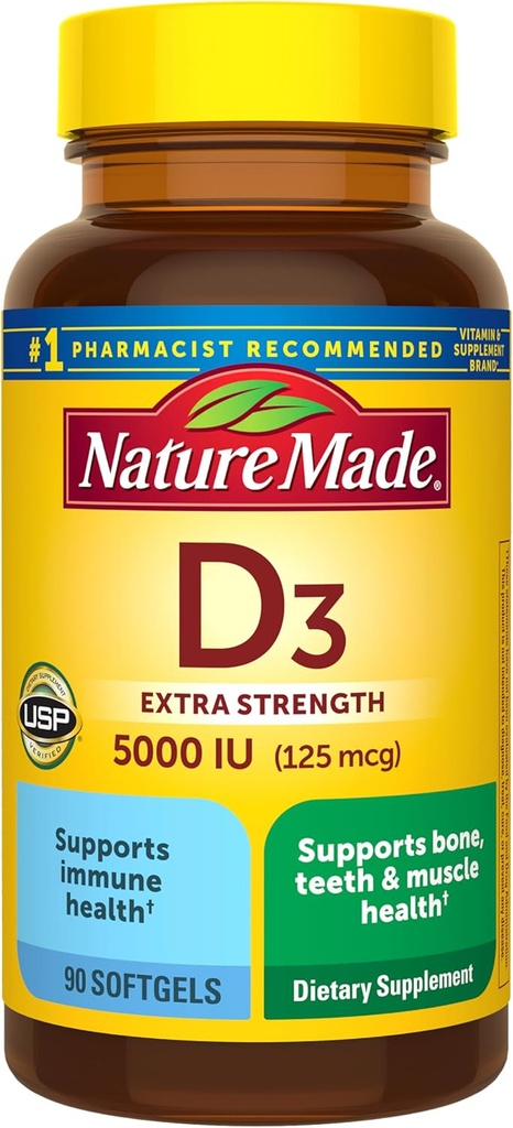Nature Made Vitamin D3 5000 IU (125 mcg) Softgels, Extra Strength Vitamin D Supplement for Bone and Immune Health Support, 90 Softgels, 90 Day Supply 2