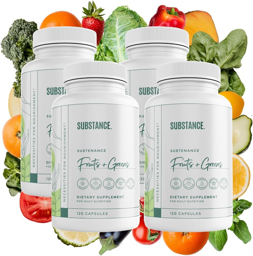 SUBSTANCE. 4-pck Nature's Sustenance Daily Greens, Daily Fruit and Veggies Supplement - Enhance Energy, Mental Clarity - Fruits and Vegetables Supplements - US Made, Vegan-Friendly - 120 Servings. 2