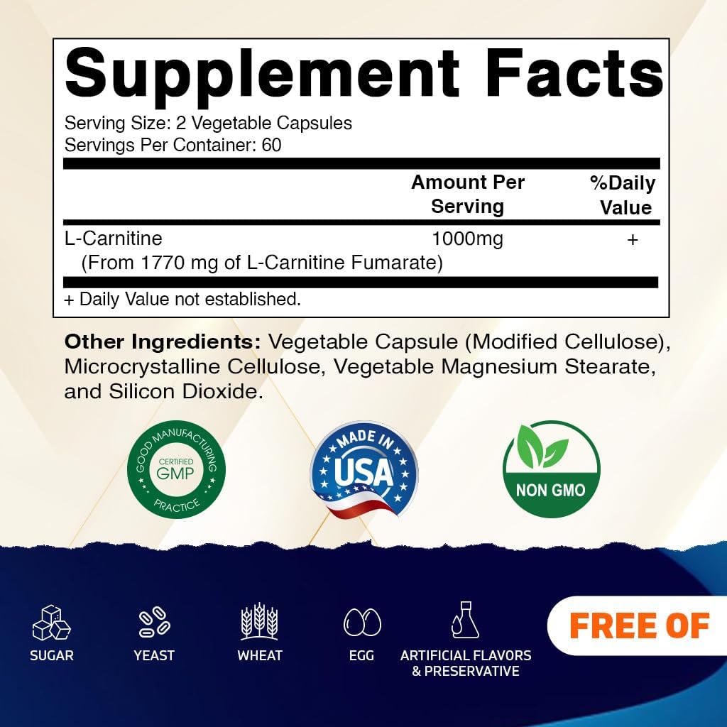 Vitamatic L-Carnitine Fumarate 1000 mg - 120 Vegetable Capsules (3 Bottles) 3