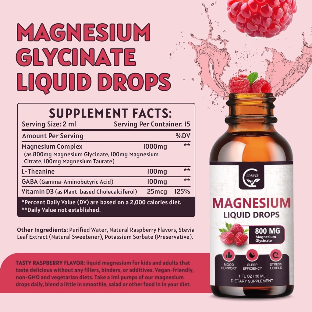 (2 Pack) Magnesium Glycinate Liquid Drops | 1000mg Liquid Magnesium Complex with D3, L-Thea & GABA for Energy, Sleep, Nerve and Heart Health, High Absorption, Raspberry Flavor 3