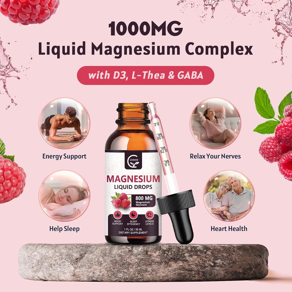 (2 Pack) Magnesium Glycinate Liquid Drops | 1000mg Liquid Magnesium Complex with D3, L-Thea & GABA for Energy, Sleep, Nerve and Heart Health, High Absorption, Raspberry Flavor 5