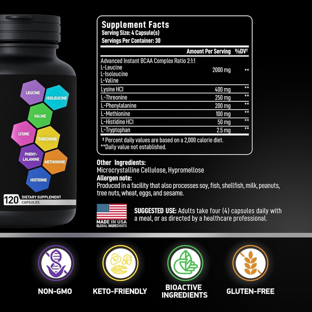 Essential Amino Acids Complex for Men & Women - Advanced Workout Power & Recovery Formula - Vegan BCAA Amino Acid Supplement with All 9 Branch Chain Essential Aminos - 240 Keto Friendly EAA BCAA Pills 3