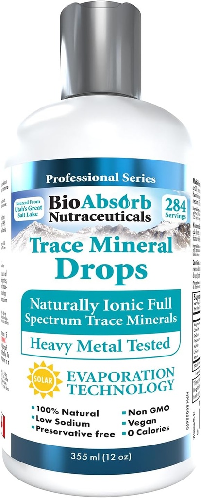 Bio Absorb Trace Mineral Drops. Heavy Metal Tested. 284 Servings of Organic Trace Minerals from Concentrated Utah's GSL Sea Water. 125mg of Ionic Magnesium (12 oz) 2