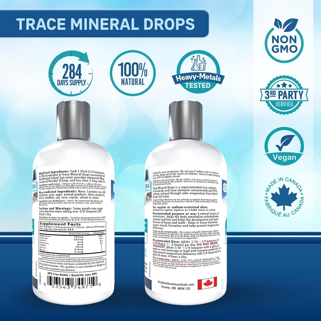 Bio Absorb Trace Mineral Drops. Heavy Metal Tested. 284 Servings of Organic Trace Minerals from Concentrated Utah's GSL Sea Water. 125mg of Ionic Magnesium (12 oz) 3