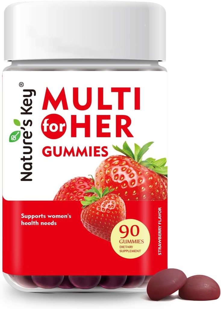 Nature's Key Women's Strawberry Flavored Multivitamin Gummies, 90 Count, Immune Support, 18 Essential Vitamins, Niacin, Pantothenic Acid, Biotin, Calcium & Folic Acid 2