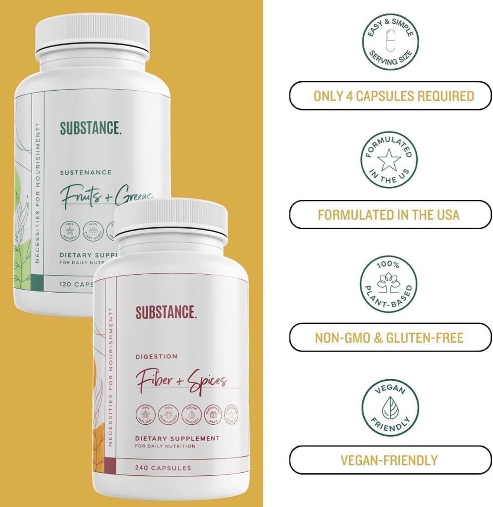 SUBSTANCE. Bundle: Nature's Sustenance Daily Fruits & Veggies (120 Capsules) + Nature's Fiber & Spices (240 Capsules) - Enhance Digestive Health, Energy & Overall Wellness - US Made, Vegan-Friendly 6