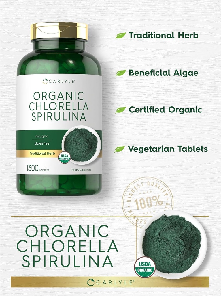 Carlyle Organic Chlorella Spirulina Tablets | 1300 Count | 50/50 Blend | Non-GMO and Gluten Free Supplement 5
