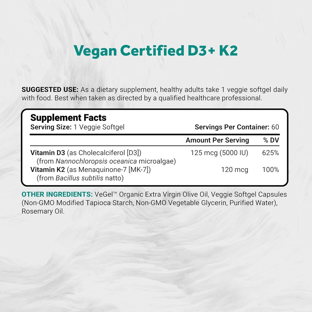 Naturalis Vegan Vitamin D3 + K2 from Algae | 5000iu Vitamin D with 120mcg MK7 Vitamin K | Vegan Society Certified, Sustainably Sourced, Better Than Animal Derived | 60 Veggie Softgels 3