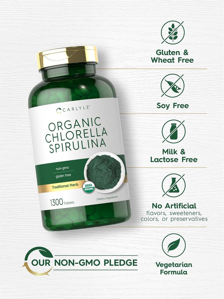Carlyle Organic Chlorella Spirulina Tablets | 1300 Count | 50/50 Blend | Non-GMO and Gluten Free Supplement 6