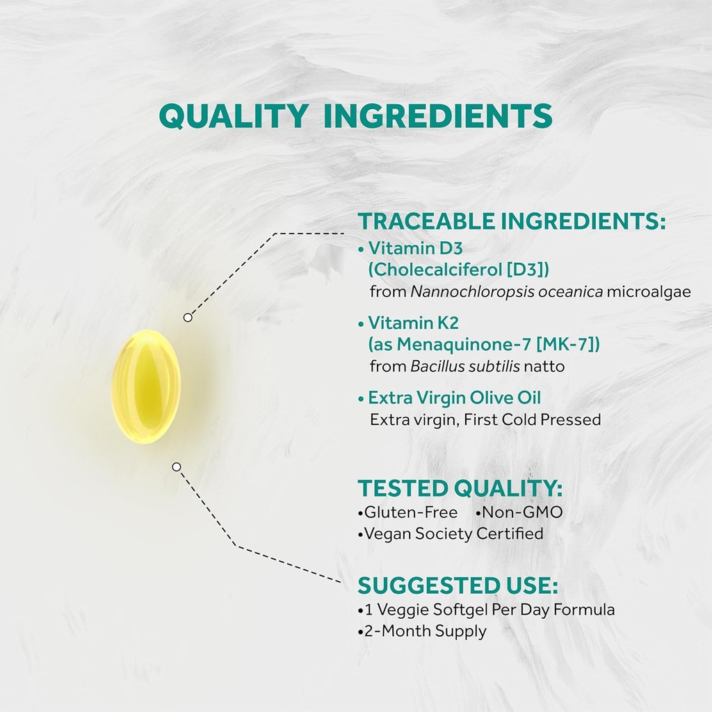 Naturalis Vegan Vitamin D3 + K2 from Algae | 5000iu Vitamin D with 120mcg MK7 Vitamin K | Vegan Society Certified, Sustainably Sourced, Better Than Animal Derived | 60 Veggie Softgels 4
