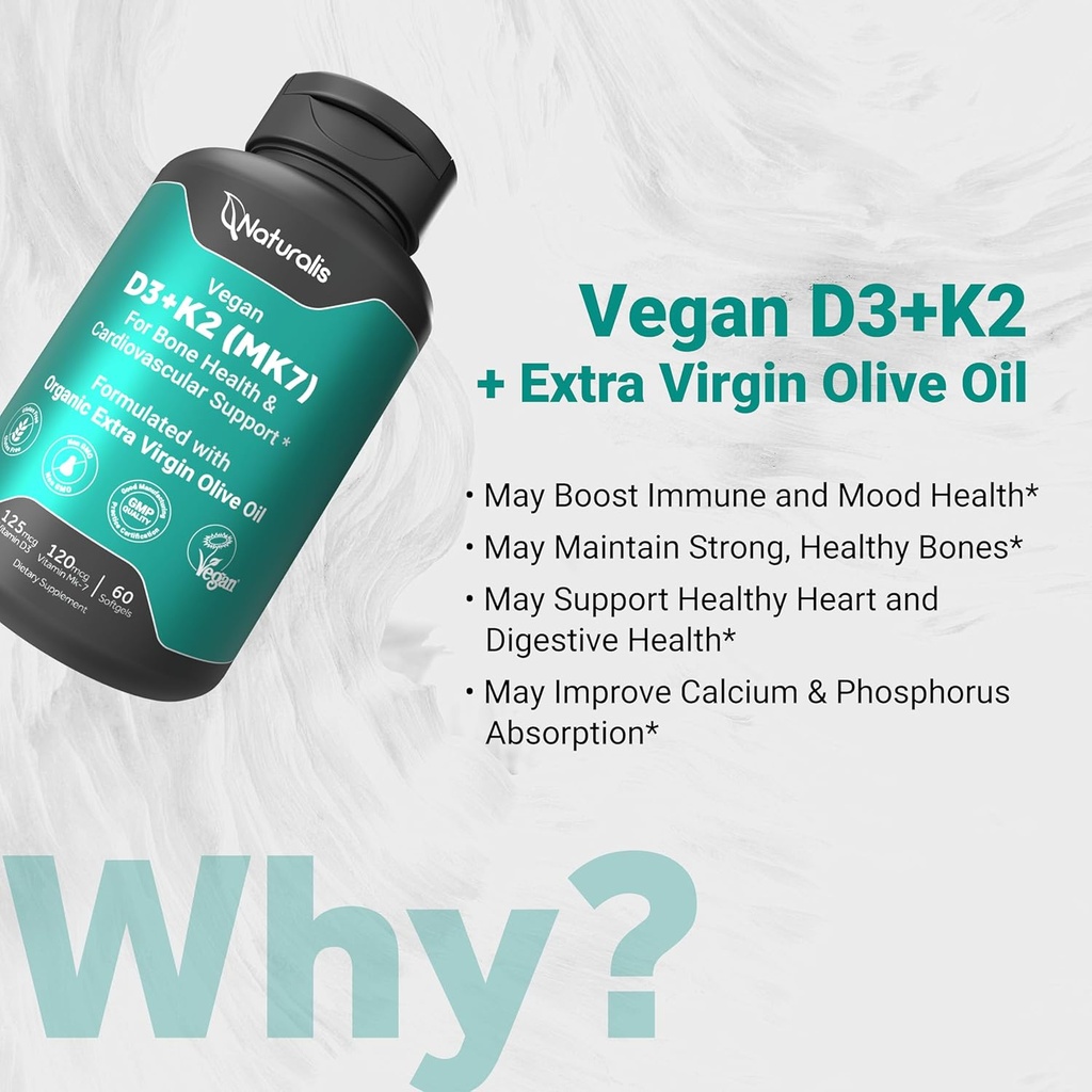 Naturalis Vegan Vitamin D3 + K2 from Algae | 5000iu Vitamin D with 120mcg MK7 Vitamin K | Vegan Society Certified, Sustainably Sourced, Better Than Animal Derived | 60 Veggie Softgels 5