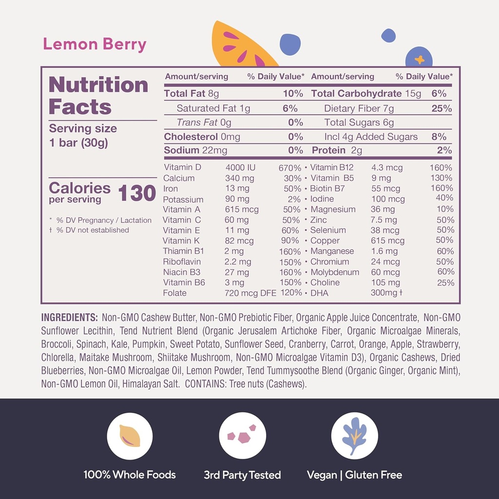 Tend Daily Best Prenatal Vitamin Bar, Made with Organic Ingredients for Pregnant & Postpartum Mothers, Includes DHA, Vitamin D, B, Choline, Folate - Lemon Berry (4ct) 6