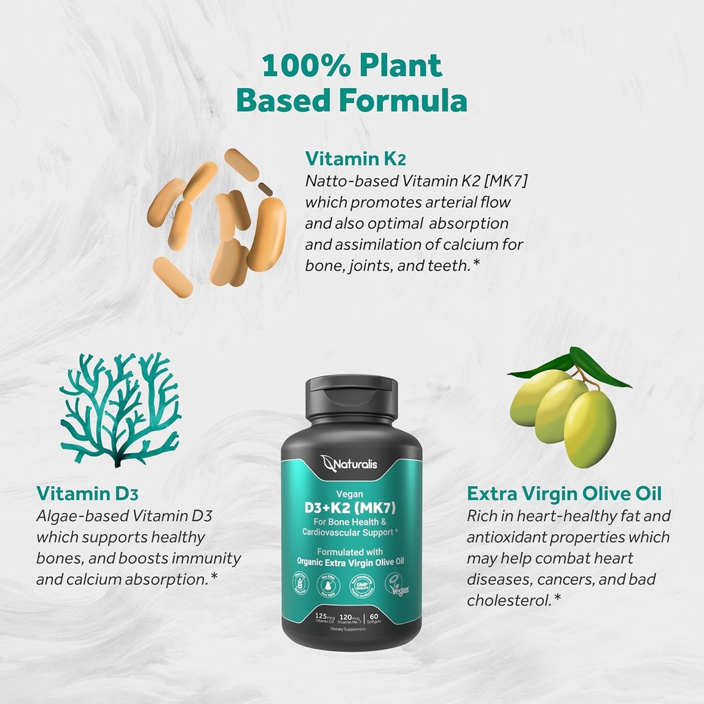 Naturalis Vegan Vitamin D3 + K2 from Algae | 5000iu Vitamin D with 120mcg MK7 Vitamin K | Vegan Society Certified, Sustainably Sourced, Better Than Animal Derived | 60 Veggie Softgels 6