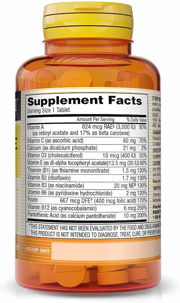 Mason Natural Daily Multiple Vitamins - Vitamins A, C, D3, E, B1, B2, B3, B6, B12, Folate and Calcium for Overall Health, 100 Tablets 3