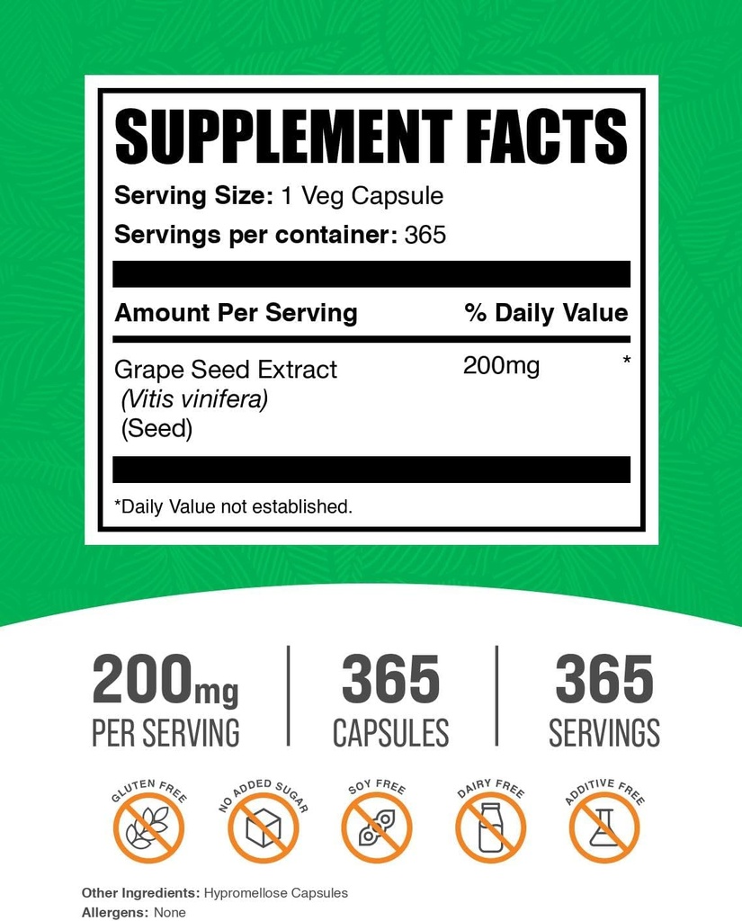 BulkSupplements.com Grape Seed Extract Capsules - Antioxidant Supplement, Grape Seed Extract 200mg - Vegan & Gluten Free, 1 Capsule per Serving, 365 Veg Capsules (Pack of 1) 3