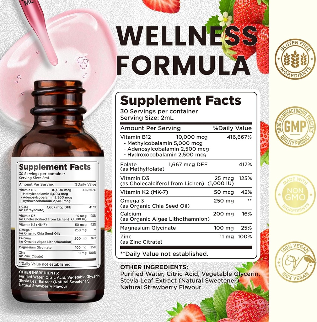 Vitamin B12 Liquid Drops Sublingual 10000 mcg, Triple B-12 Complex Supplement, Methyl & Methylcobalamin Blend for Women & Men, Mood & Energy Booster, Methylated B 12 for Metabolism & Health Support 4