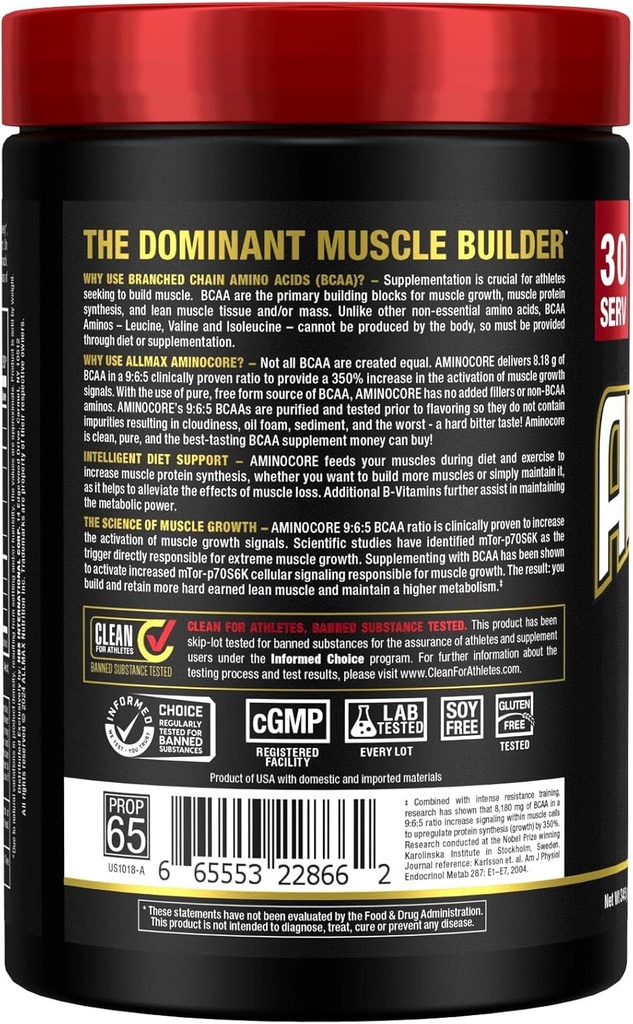 ALLMAX Nutrition AMINOCORE BCAA – 8G BCAAs – 100% Pure Branch Chained Amino Acids – Gluten Free - Watermelon - 315 Gram 3