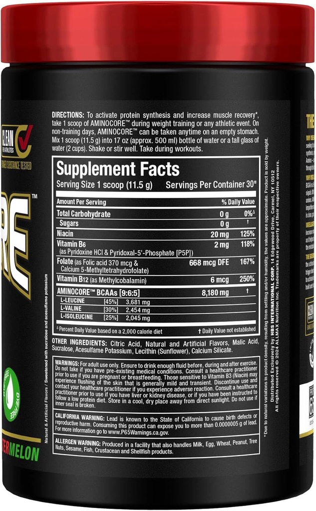 ALLMAX Nutrition AMINOCORE BCAA – 8G BCAAs – 100% Pure Branch Chained Amino Acids – Gluten Free - Watermelon - 315 Gram 4