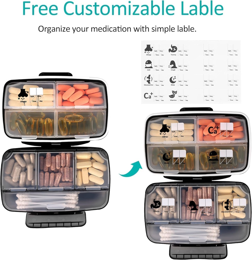 Travel Pill Organizer Large Portable Medication Fullicon Oversize 8 Compartment Pill Box, Vitamin Travel Case Pill Holder - Airtight & Moistureproof (Black) 6